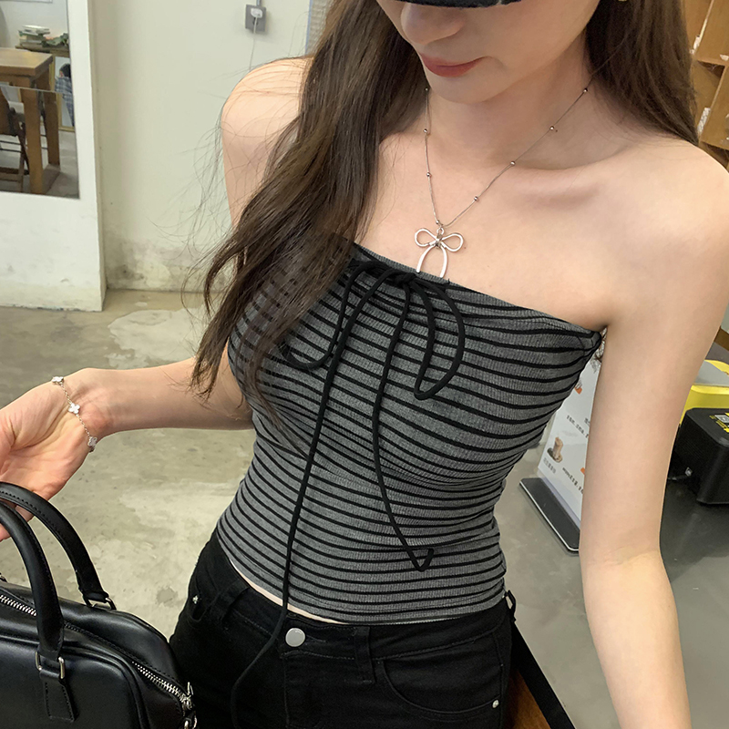 FA12239# 图条纹系带抹胸吊带背心女夏外穿泰式独特绝美漂亮设计感上衣 服裝批發女裝批發服飾貨源