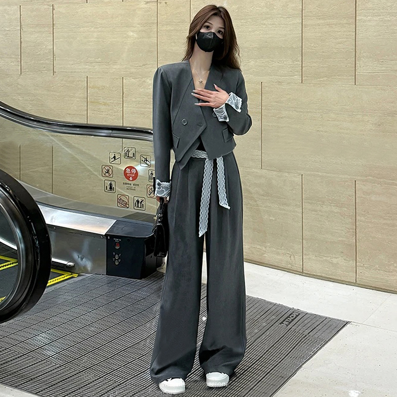 경관 그림 유럽 상품 품격 투피스 슈트 2026 봄 가을 패션 레이스 조각 뒤집다 소매 블레이저 와이드 레그 팬츠