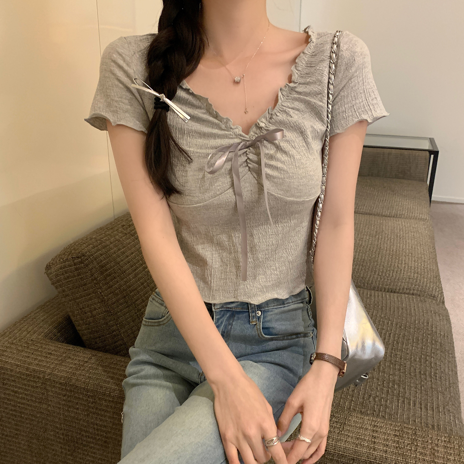 MY2183# 短袖t恤夏韩版女装潮流系带纯色修身正肩短款荷叶领上衣女裝貨源服裝批發