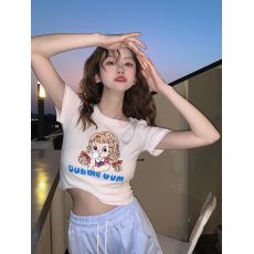 批发外贸原版夏季新款韩版甜辣风短款短袖t恤女复古修身甜辣风ins上衣