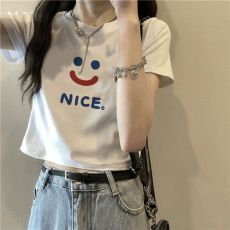 批发外贸原版夏季新款韩版甜辣风短款短袖t恤女复古修身甜辣风ins上衣