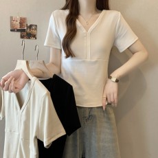 批发实拍大码~2026夏款韩版V领短袖T恤女内搭打底衫显瘦<b class='q'>休闲</b>正肩上衣