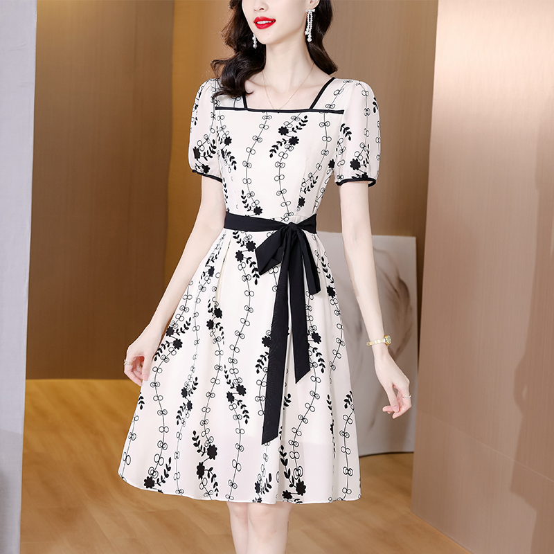 MY2864#高级感时尚韩版高腰中长款法式印花方领显瘦设计感连衣裙女裝貨源服裝批發