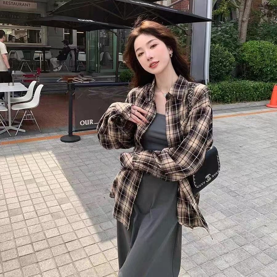 MY2481# 复古格子衬衫女韩版潮流春秋设计感薄款外套宽松慵懒风百搭衬衣服女裝貨源服裝批發