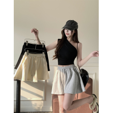 批发纯棉华棉 夏装松紧腰阔腿裤<b class='q'>女</b>显瘦口袋纯色短裤