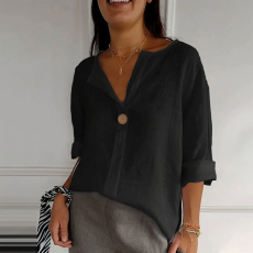 批发亚马逊跨境2025新款气质时尚女士宽松休闲<b class='q'>T</b>恤衫V领纽扣上衣批发