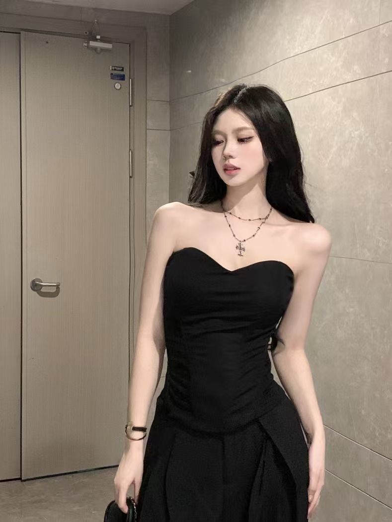 서리가 내린 바람 고급 센스 정장 블랙 뜨거운 소녀 튜브 톱 조끼 맨위 여자 여름 높은 허리 정장 바지 2 피스 세트