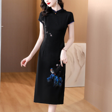 批发手绘花香云纱重磅真丝桑蚕丝改良旗袍中长款高档洋气妈妈连衣裙<b class='q'>夏</b>