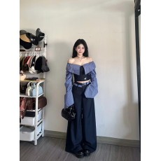 批发高级感一字肩衬衫女春季条纹拼接学院风<b class='q'>修身</b>显瘦上衣宽松休闲<b class='q'>裤</b>子