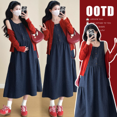 批发实拍春<b class='q'>夏</b>新款牛仔背心孕妇连衣裙+红色针织开衫