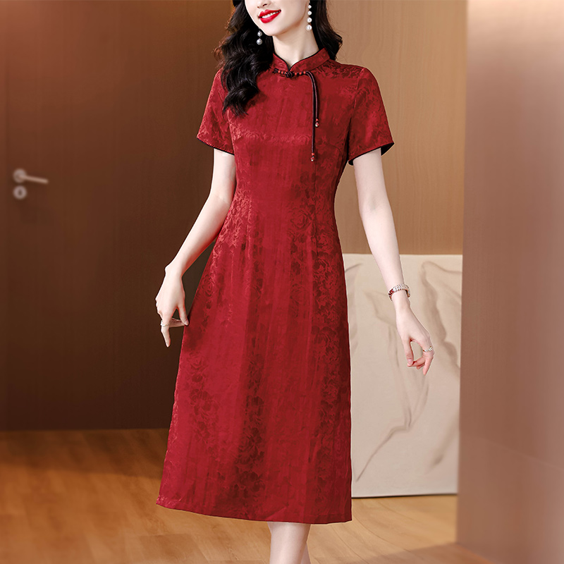 MY8011# 花罗香云纱连衣裙女新款高端妈妈婚宴礼服结婚宴会旗袍年轻款女裝貨源服裝批發