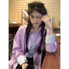 批发实价纯色长袖衬衫女复古设计感小众宽松百搭衬衣撞色上衣外套2026