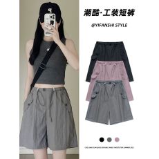 批发灰色工装短裤女大码夏季薄款高腰阔腿<b class='q'>设计</b>感速干运动美式五分裤子