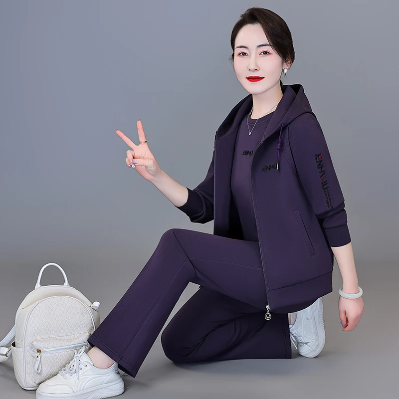 엄마 후드 스포츠 슈트 2026 봄 가을 3종 세트 외국 가스 캐주얼웨어 중노년 여성 코트