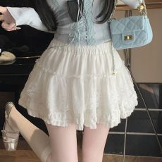 批发原版做法~芭蕾风木耳边蕾丝拼接<b class='q'>半身</b>裙女甜美A字褶皱蛋糕<b class='q'>短裙</b>女