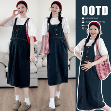 批发实拍现 夏季减龄直筒A字牛仔背带裙+拼接T恤