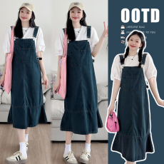 批发实拍现   夏季薄款设计感鱼尾牛仔<b class='q'>背带</b>裙+拼接T恤孕妇套装