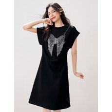 批发实拍2026夏季新款休闲气质坠感黑色连衣针织裙女收腰显瘦T恤裙