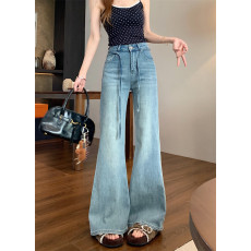 批发实拍 ~新款高腰微喇设计感<b class='q'>牛仔裤</b>女复古弹力<b class='q'>显瘦</b>直筒喇叭长裤