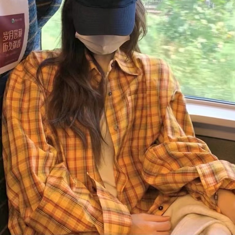 홍콩 느낌 레트로 chic 황색 체크무늬 여성 셔츠 인사이드 가져 가라. 스택 착용 루즈핏 캐주얼 다용도 중간 길이 셔츠 외출용