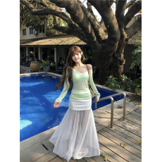 批发美背上衣长袖薄款防晒T恤两件套+拼接包臀<b class='q'>长款</b><b class='q'>半身裙</b>