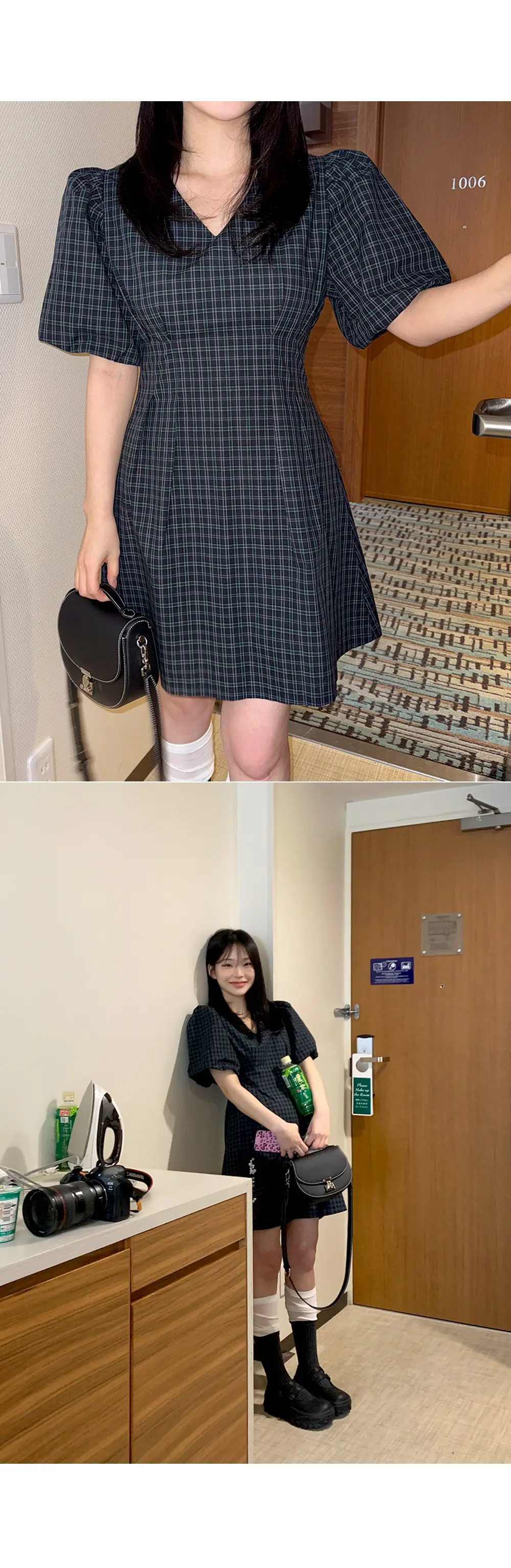 여성용 V넥 퍼프소매 원피스 상세 이미지 7