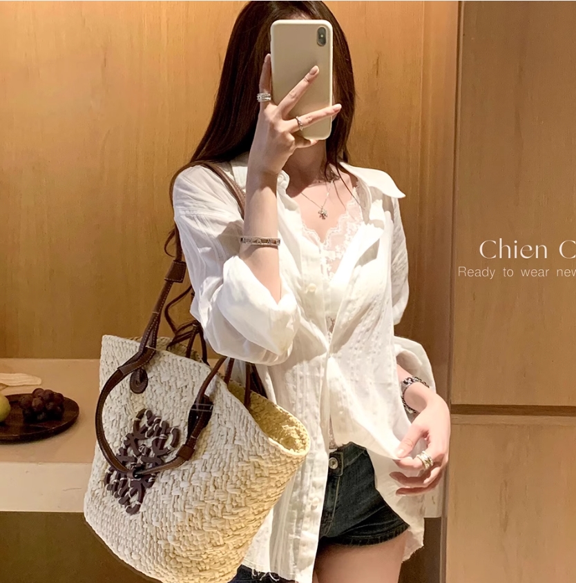 자동차 늦게 En chien 시 드니 휴일 송 혜교 같은 단락 수직 기사 자외선 차단 흰 셔츠 루즈핏 마이크로 ~을 통해 의류