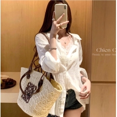 批发车迟恩Chien“悉尼假日”宋慧乔同款 竖条防晒白<b class='q'>衬衫</b>宽松微透上衣