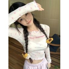 批发甜美风印花长袖防晒T恤女夏季2024新款气质短款修身显瘦套头上衣