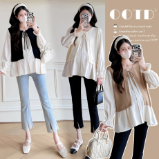 批发实拍新款2025孕妇装秋装宽松上衣拼接设计感假两件衬衫百搭娃娃衫