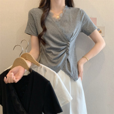 批发实拍大码<b class='q'>女</b>装夏款不规则花边V领针织衫<b class='q'>女</b>收腰显瘦蕾丝边<b class='q'>短袖</b>上衣