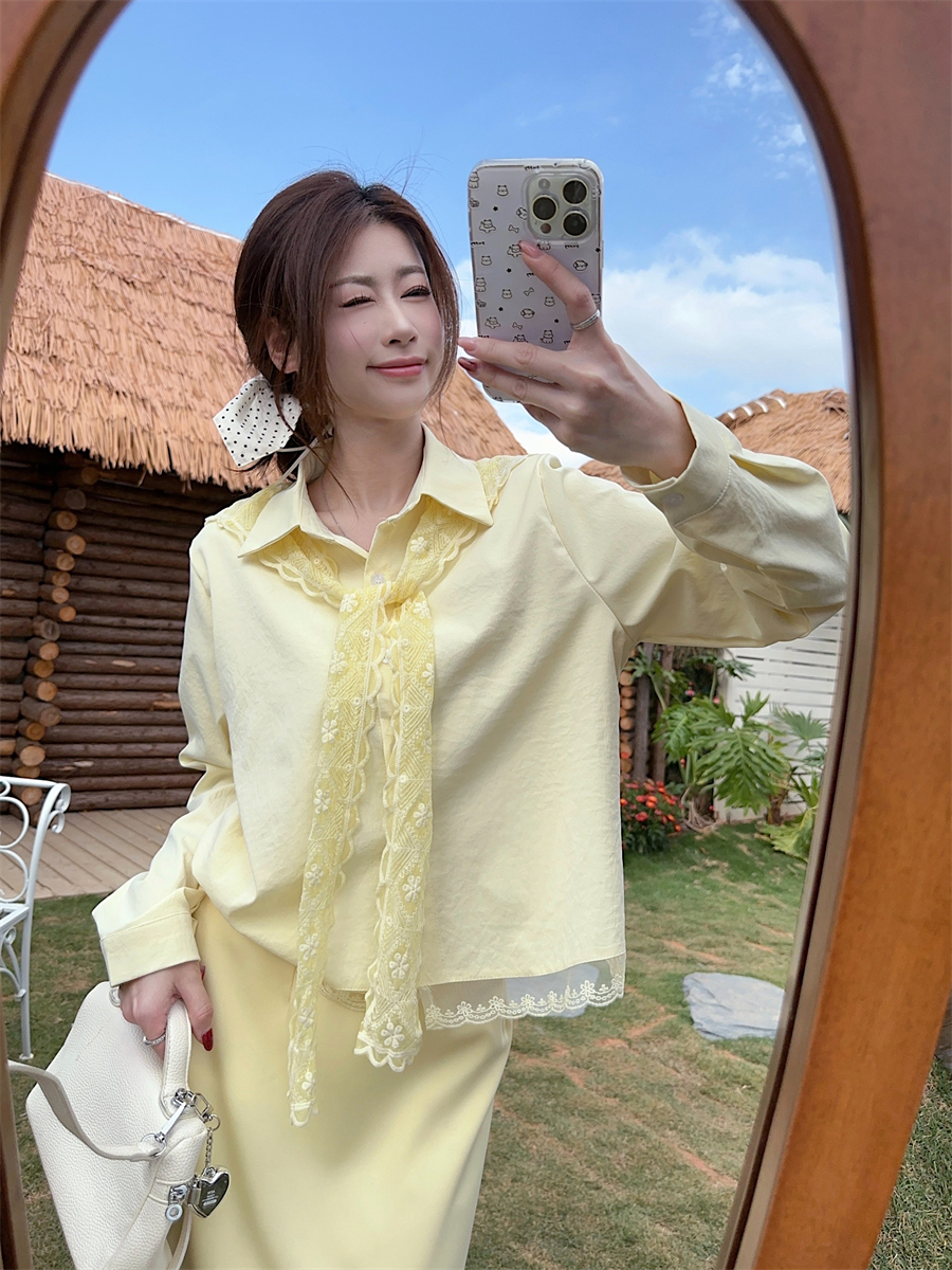 실사 정가 디자인 센스 착용 가져 가라. 2026 년 새로운 프랑스식 황색 레이스 셔츠 드레스 아이들