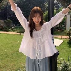 批发尺寸已更新 韩系温柔氛围感百搭可爱减龄压褶木耳边衬<b class='q'>衫</b>上衣