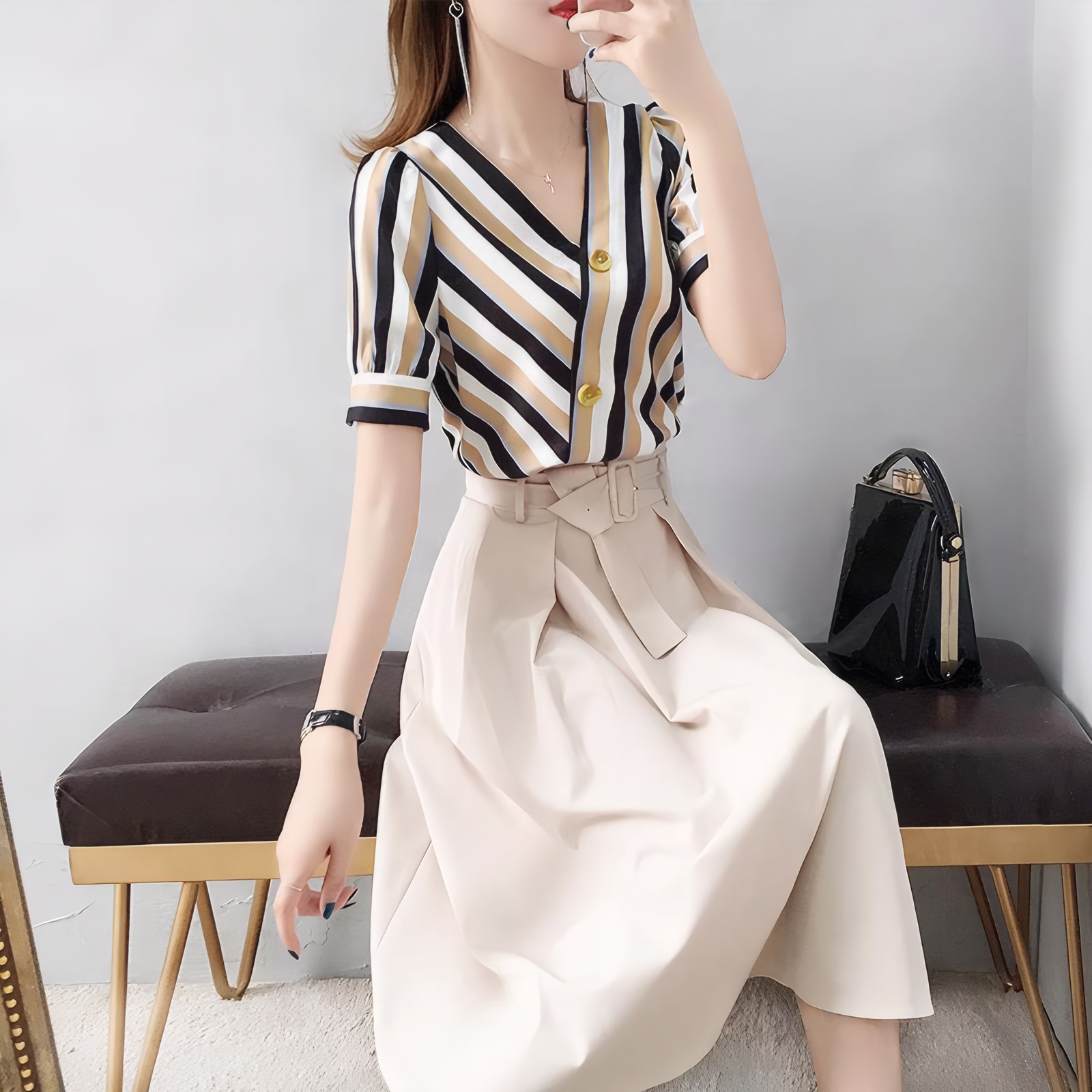 MY2582# 条纹连衣裙两件套女中长新款时尚气质套裙显瘦休闲高腰裙女裝貨源服裝批發