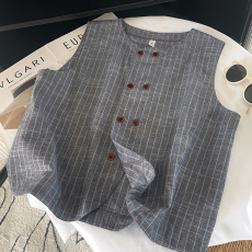 批发高端<b class='q'>棉麻</b>亚麻条纹无袖短款外穿<b class='q'>西装</b>马甲背心女秋季款外套上衣潮