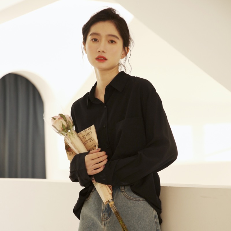 chic 봄 가을 도루 센스 여성 셔츠 새로운 한국 스타일 학생 루즈핏 긴팔 인터넷 유명인 같은 단락 맨위