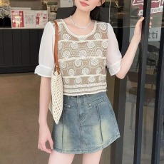 批发法式2026新款夏季镂空高级感提花泡泡<b class='q'>短袖</b><b class='q'>t</b><b class='q'>恤</b>女针织小衫短款上衣