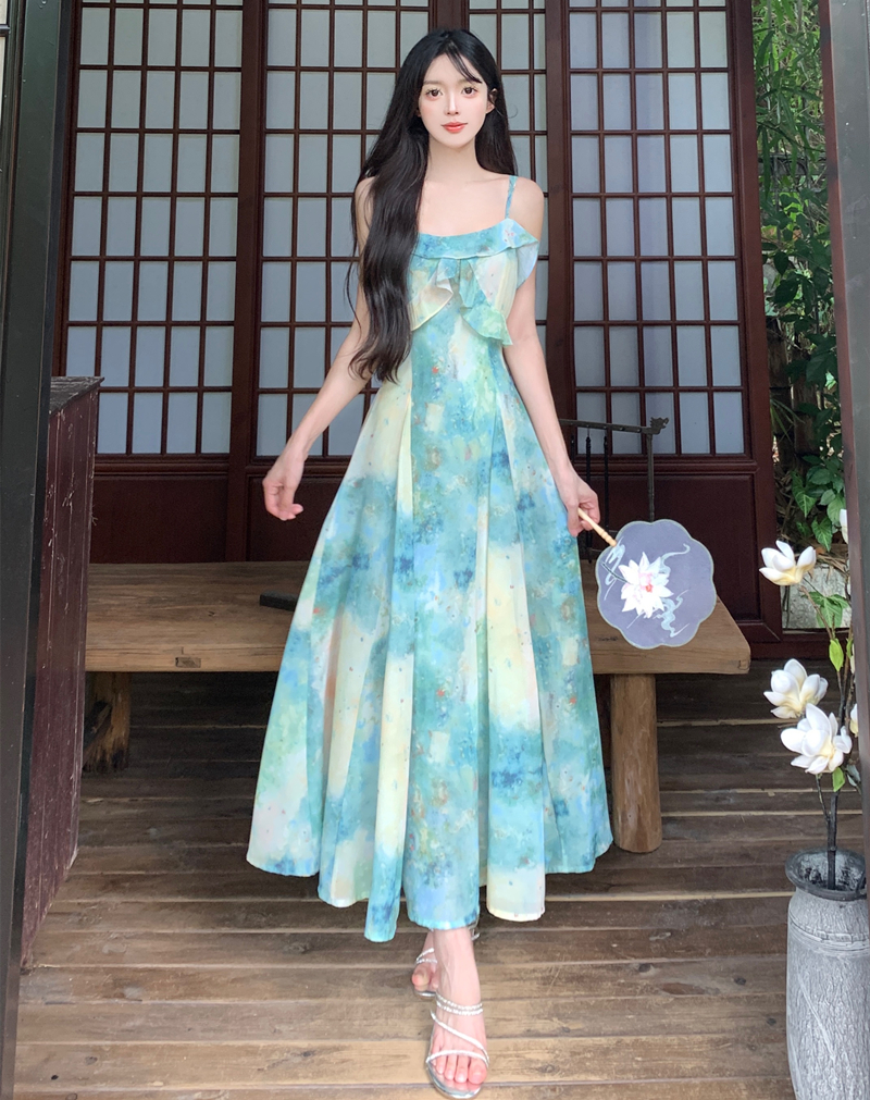 빅 사이즈 부드러운 바람 프릴 유화 롱 스커트 해변가 휴가 해변 드레스 대 치마 슬립 여성 드레스 여름