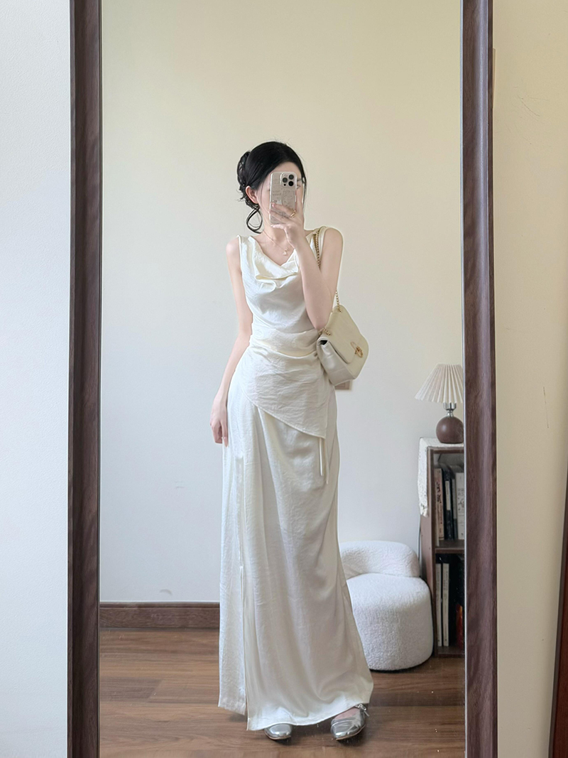 한 부서 불규칙 펌프 Pleat 프랑스식 흔들다 칼라 슬림해 보이는 맨위 여성 여름 몸매 가꾸기 트임 맨위 치마 세트