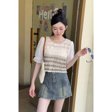 批发法式复古镂空钩花<b class='q'>短袖</b>针织上衣女2026夏季新款小清新拼接雪纺衬衣