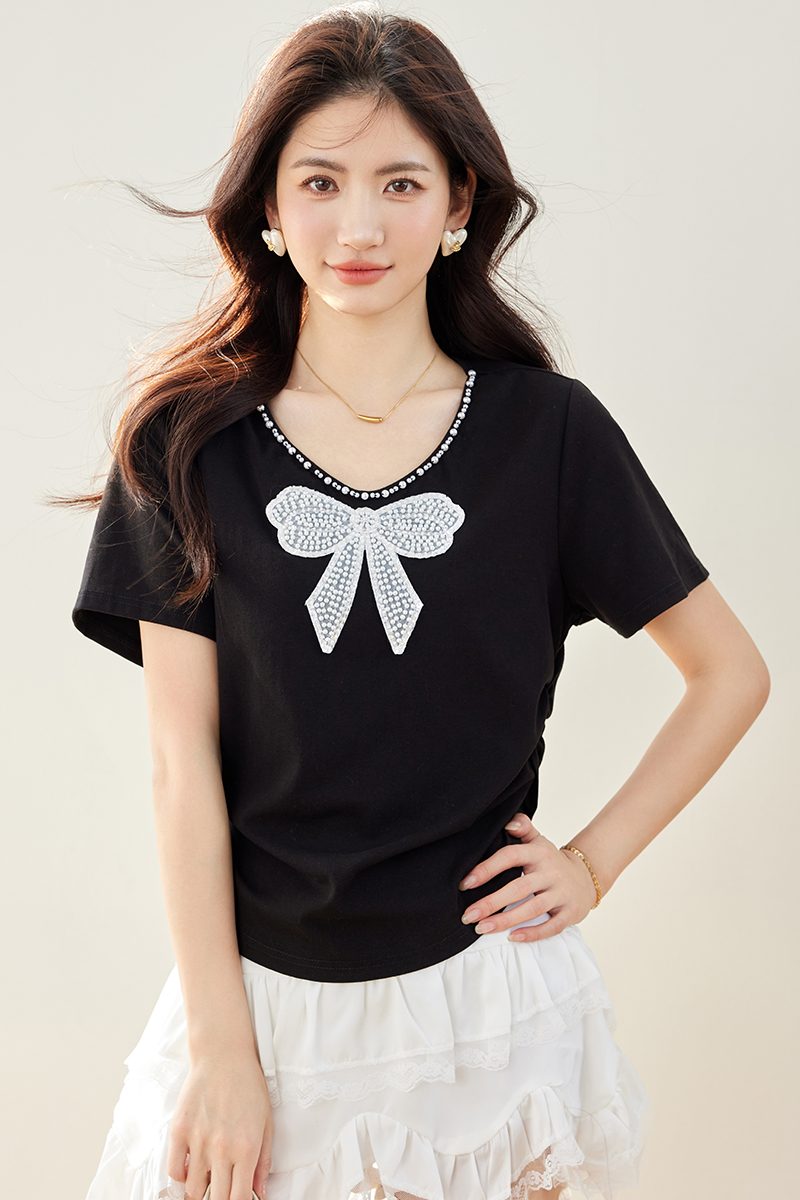 MY2664# 黑色正肩蝴蝶结t恤女短袖穿搭夏季v领上衣女高级感女裝貨源服裝批發