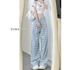 批发内包边 蓝色格子休闲裤女新款<b class='q'>大码</b>宽松显瘦阔腿裤子