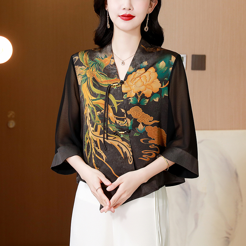 MY7120# 夏季新款香云纱上衣女高端印花复古真丝衬衫女裝貨源服裝批發