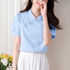 批发旗袍式盘扣衬衫女<b class='q'>夏</b>季短袖2026新款国风立领新中式纯棉上衣