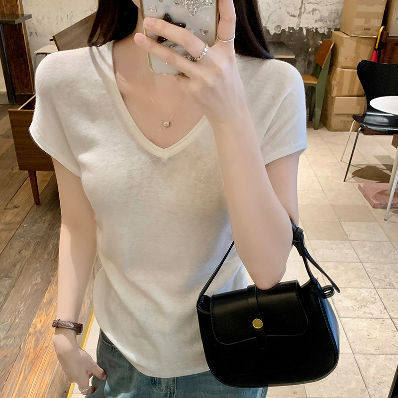MY2560# v领正肩无袖针织衫女短袖夏季设计感小众坎肩t恤上衣女裝貨源服裝批發