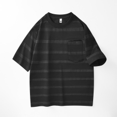 批发实拍2025夏季新款条纹短袖T恤男百搭弹力舒适简约挖袋韩版圆领t恤