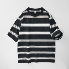 批发实拍2025夏季新款潮牌复古蜡染条纹短袖t恤男宽松百搭韩版圆领T恤