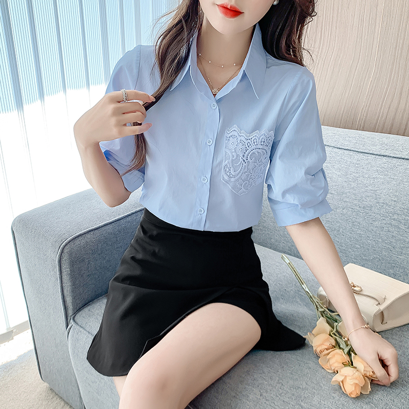 MY2547# 新款纯棉衬衫女时尚蕾丝口袋短袖衬衣女裝貨源服裝批發