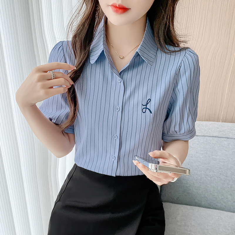 MY2545# 夏季新款时尚刺绣衬衣气质减龄条纹短袖上衣女裝貨源服裝批發