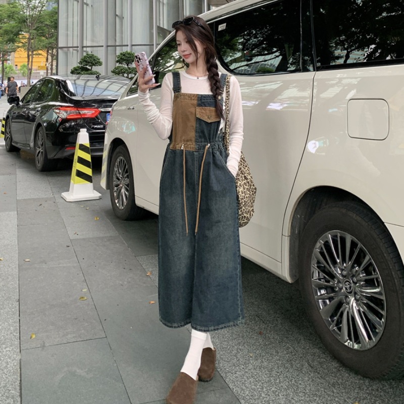 아메리칸 펌프 로프 레트로 데님 멜빵 스커트 여성 가을 작은 키 루즈핏 슬림해 보이는 연령 감소 워크웨어 미니 스커트 드레스
